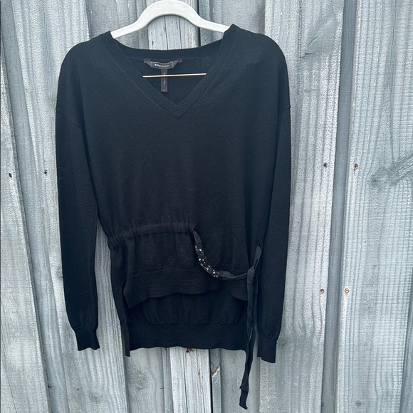 Black V-Neck Sweater with Waist Tie - Picture 1 of 9